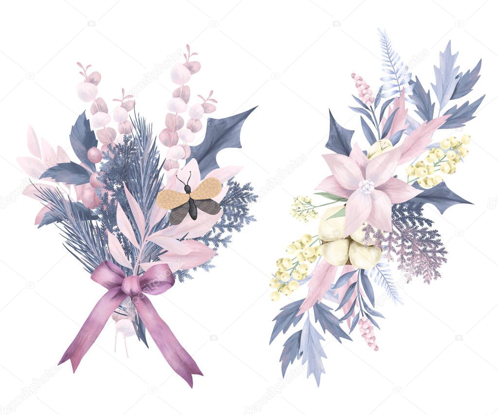 Christmas bouquets of poinsettia, holly tree branches, eucalyptus and winter plants, isolated illustration on white background