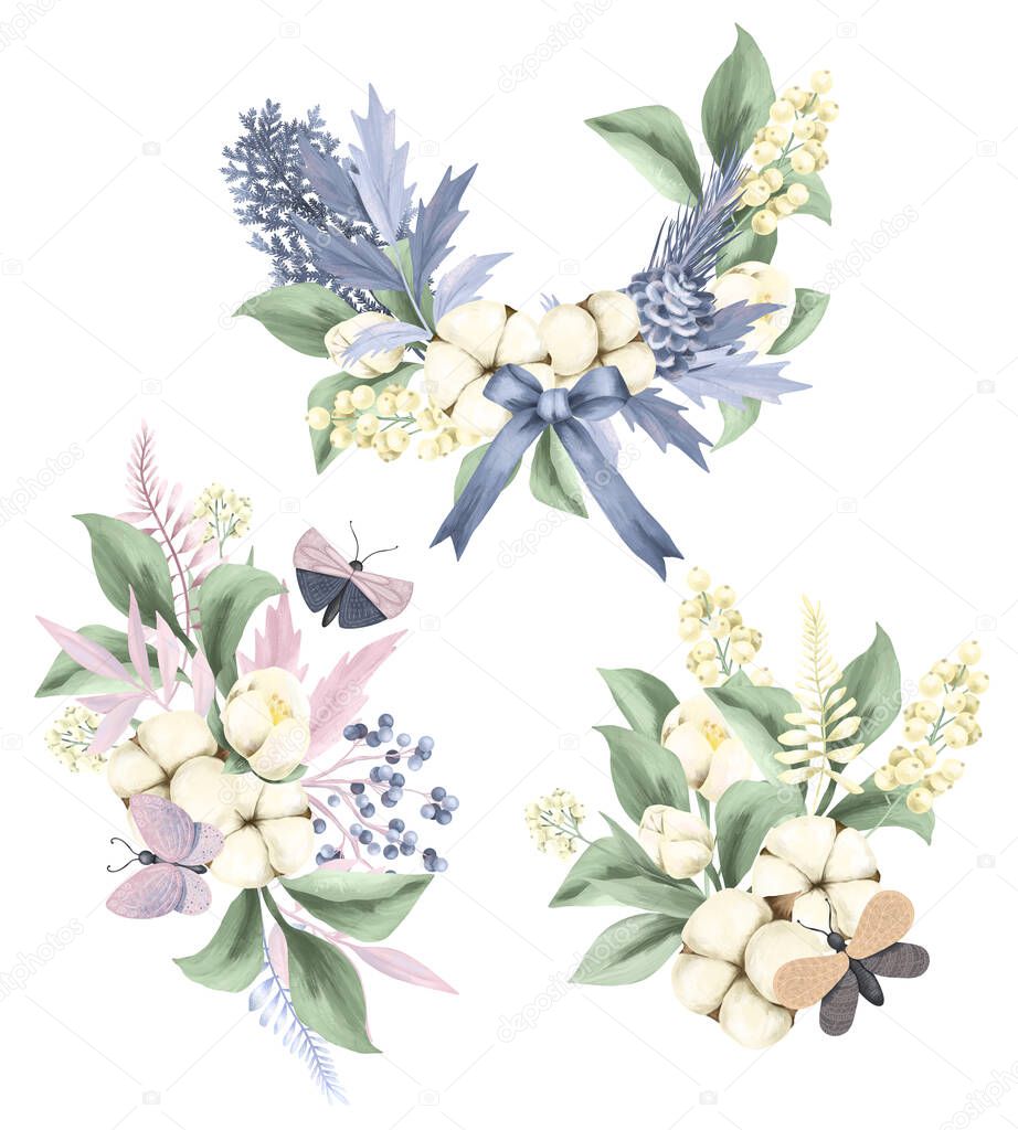 Holiday bouquets of holly tree branches, moths and other plants, isolated illustration on white background