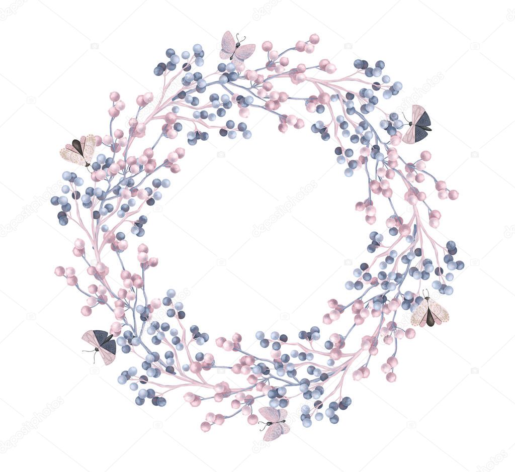 Floral pastel wreath with moths, hand drawn illustration on white background