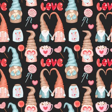 Sevimli cücelerin kusursuz deseni ve Sevgililer Günü 'ne ait farklı unsurlar. Karanlık arka planda el çizimi.
