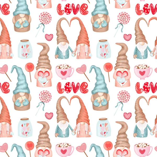 Seamless pattern of cute gnomes and different elements to Valentine's Day, hand drawn illustration on white background