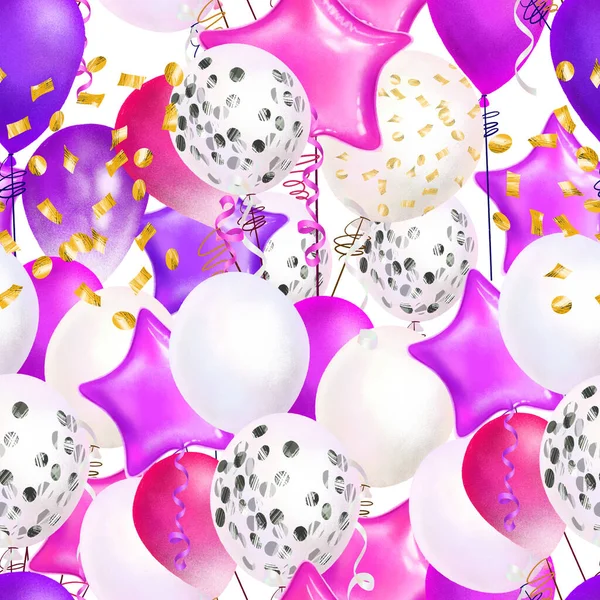 紫色和紫罗兰色节日气球的无缝图案 手绘白色背景图解 — 图库照片