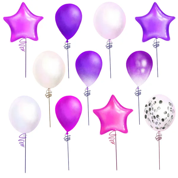 一套紫色和紫罗兰色手绘隔离气球 — 图库照片