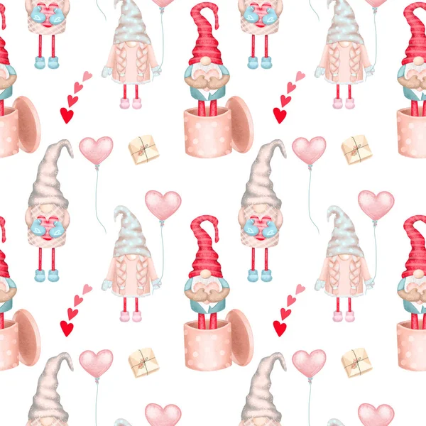 Seamless Pattern Cute Valentine Gnomes Hand Drawn Illustration White Background — Stock Photo, Image