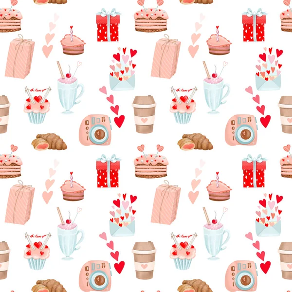 Seamless pattern of romantic food and bakery to Valentine\'s Day, hand drawn illustration on white background