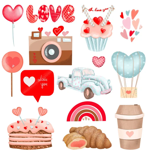 Conjunto Elementos Dibujados Mano Para Día San Valentín Cámara Retro —  Fotos de Stock