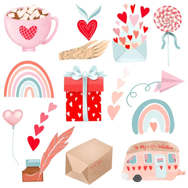 Set Handgezeichneter Elemente Zum Valentinstag Rosa Anhänger Regenbogen Hand Mit — Stockfoto