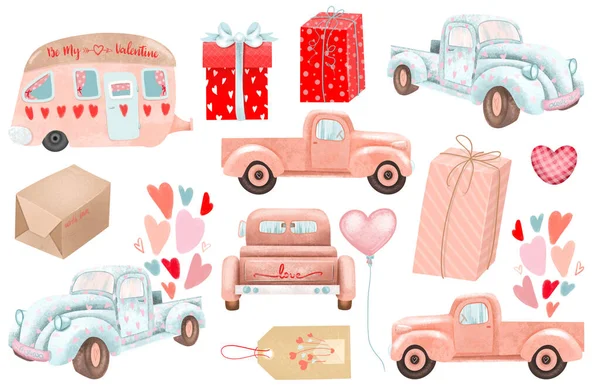 Zestaw Ciężarówek Walentynki Pudełka Prezentami Walentynki Clipart Izolowane Ilustracja Białym — Zdjęcie stockowe