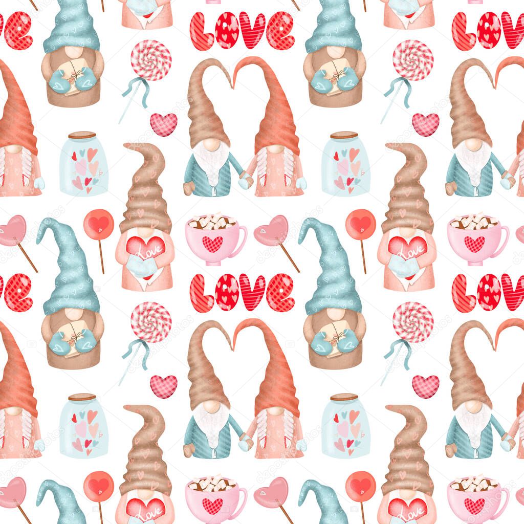 Seamless pattern of cute gnomes and different elements to Valentine's Day, hand drawn illustration on white background