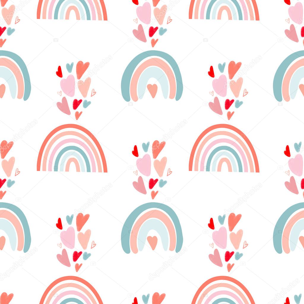 Seamless pattern of hand drawn hearts and rainbow to Valentines Day on white background