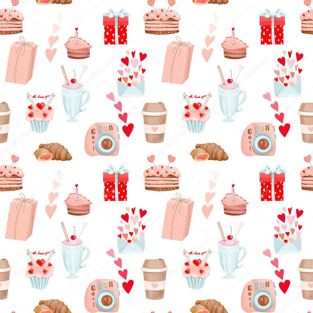 Seamless pattern of romantic food and bakery to Valentine's Day, hand drawn illustration on white background