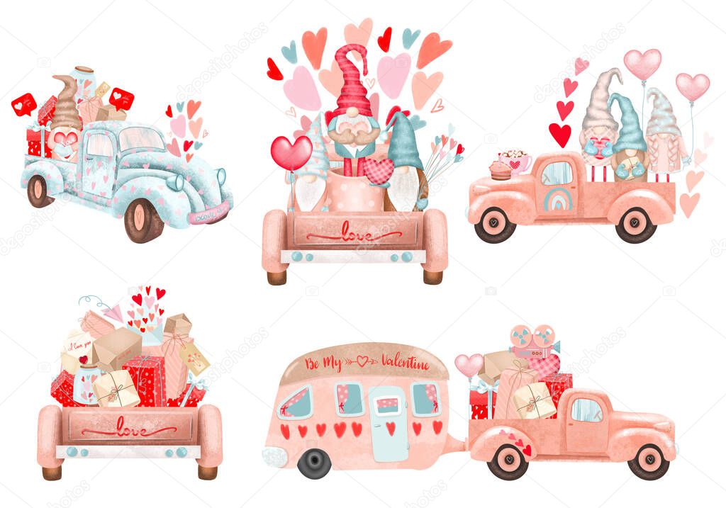 Set of Valentine's Day trucks with gnomes and gifts, Valentine's Day clipart, isolated illustration on white background