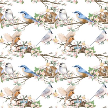 Bahar elması dallarında kuş ve yuvaların kusursuz deseni, beyaz arka planda el çizimi.