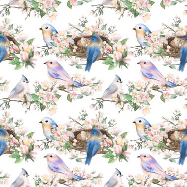 Parlak kuşların kusursuz deseni ve bahar elma dallarına yuvaları, beyaz arka planda el çizimi.