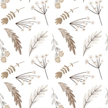 Çiçekli el ve çiçeklerin kusursuz deseni, düz stil botanik çizimi, beyaz arka planda izole çiçek unsurları.