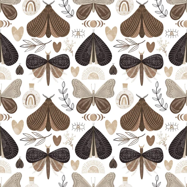 Mystical moths, magic and floral elements seamless pattern, illustration on white background