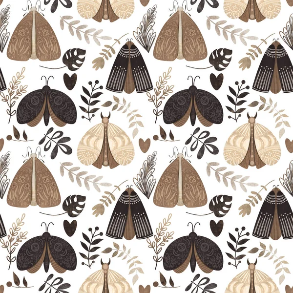 Mystische Motten Und Florale Elemente Nahtlose Muster Illustration Auf Weißem — Stockfoto
