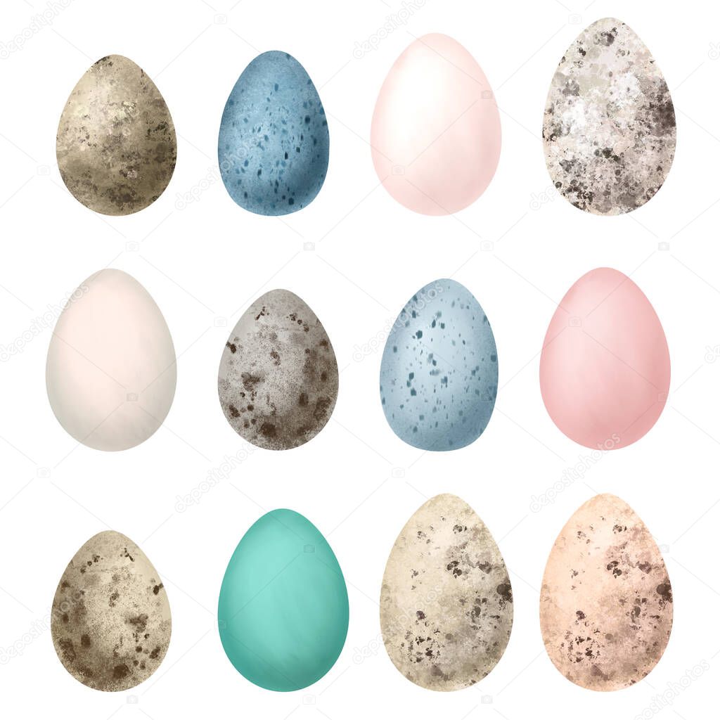 Set of watercolor birds eggs, isolated illustration on white background, easter clipart