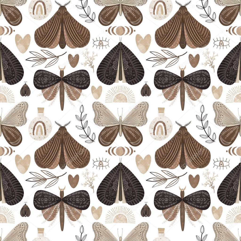 Mystical moths, magic and floral elements seamless pattern, illustration on white background