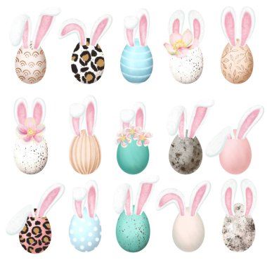 Tavşan kulaklı Paskalya yumurtaları tırmanıyor, el çizimi beyaz arka planda izole edilmiş illüstrasyon