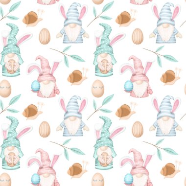 Paskalya cücelerinin, salyangozların ve dalların kusursuz deseni, beyaz arka planda elle çizilmiş resimler.