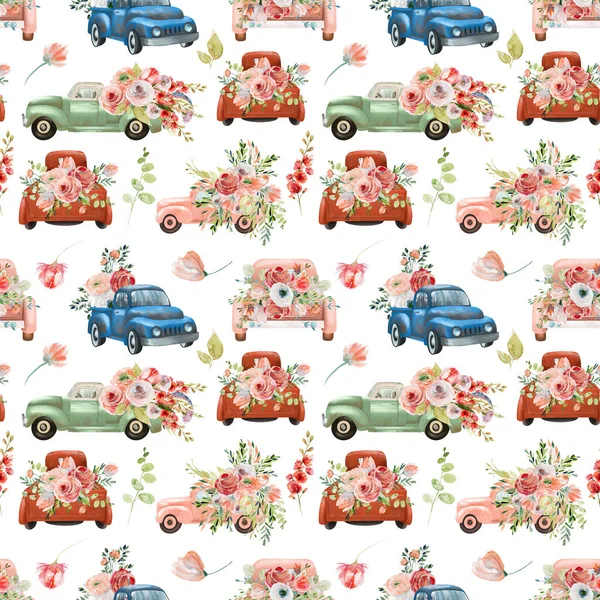 Seamless pattern of watercolor old trucks with red flowers and greenery, illustration isolated on white background