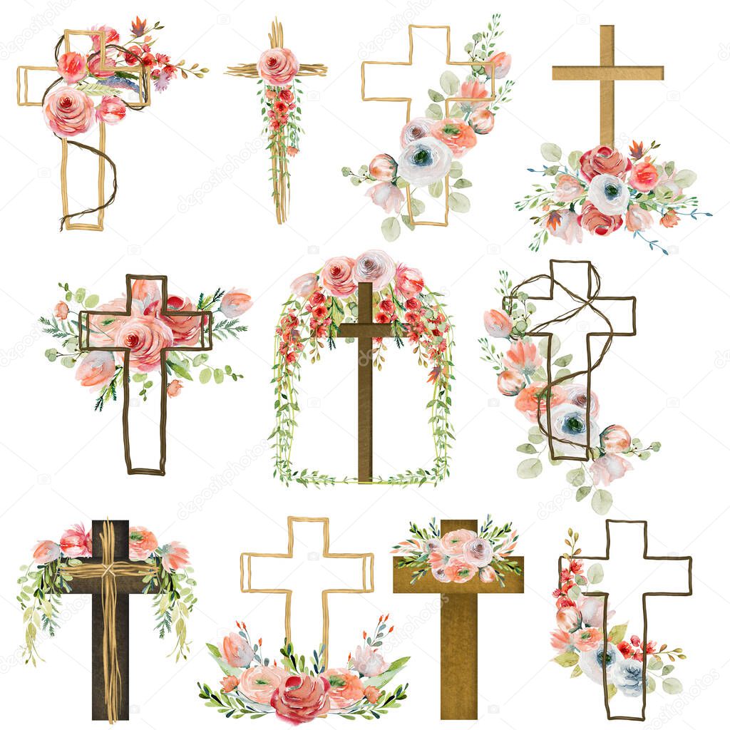 Watercolor wooden crosses with flowers clipart, isolated hand drawn illustration on white background