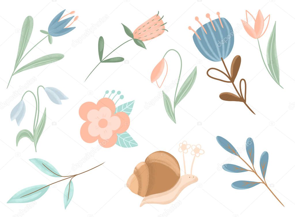 Floral Easter set of abstract flower and branches in flat style, hand drawn isolated illustration on white background
