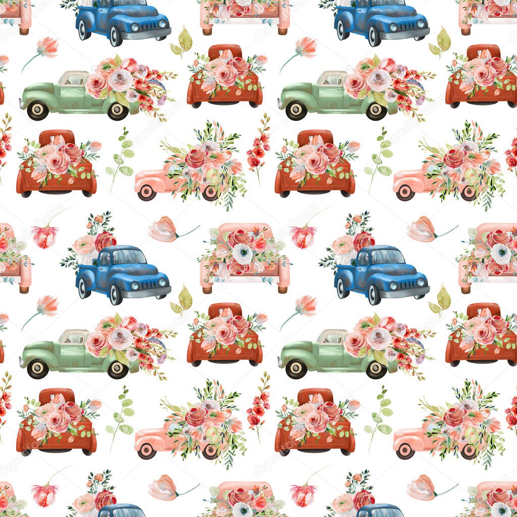 Seamless pattern of watercolor old trucks with red flowers and greenery, illustration isolated on white background