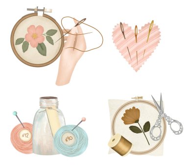 Nakış işleme elementleri, nakış halkası ve nakış aksesuarları ve öznitelikleri, beyaz arka planda el çizimi çizimleri