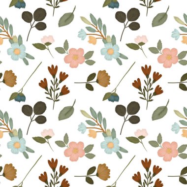 Kusursuz nakış deseni. Çiçek efektleri. Beyaz arka planda el çizimi.