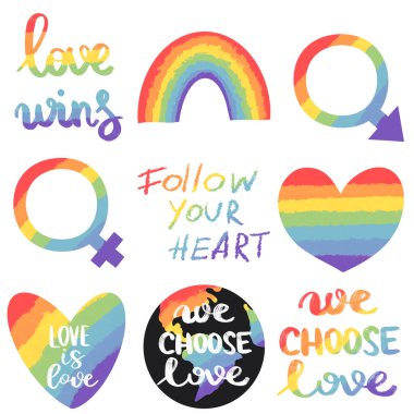 Gökkuşağı ögeleri kırpma, lgbtq rengi, aşkın sembolü, lgbt topluluk işaretleri, beyaz arkaplanda el çizimi izole çizimi