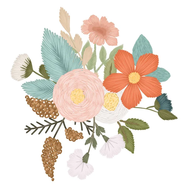 Květinová Kytice Výšivkovým Efektem Ručně Kreslené Ilustrace Bílém Pozadí — Stock fotografie