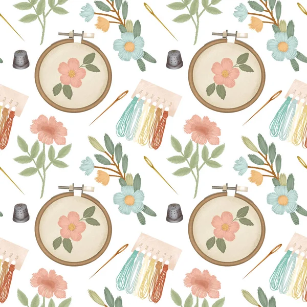 Seamless pattern of embroidery and needlework elements (embroidery hoop, floral embroidery, needles, threads), hand drawn illustration on white background