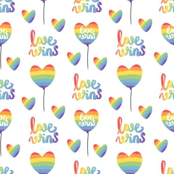 Rainbow hearts and balloons, lgbt color seamless pattern, hand drawn illustration on white background