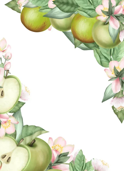 Kart şablonu, el çerçevesi çiçek açan elma ağacı dalları, çiçekler ve beyaz arkaplanda yeşil elmalar