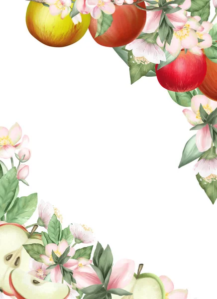 Карточный Шаблон Рамка Ручной Работы Цветущие Яблони Ветви Цветы Яблоки — стоковое фото