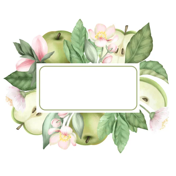 Frame Hand Drawn Blooming Apple Tree Branches Flowers Green Apples — Stock Photo, Image