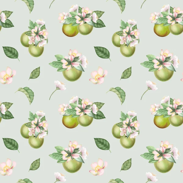 无缝隙图案 手绘绿色苹果 苹果树花和叶子 绿色背景 — 图库照片
