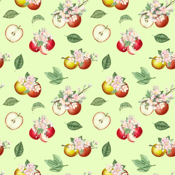 无缝隙图案 手绘红苹果 苹果树花和叶子 绿色背景 — 图库照片