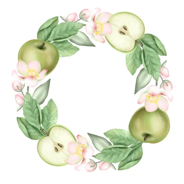 Wreath Apple Tree Branches Flowers Green Apples Isolated Illustration White — Stock Photo, Image