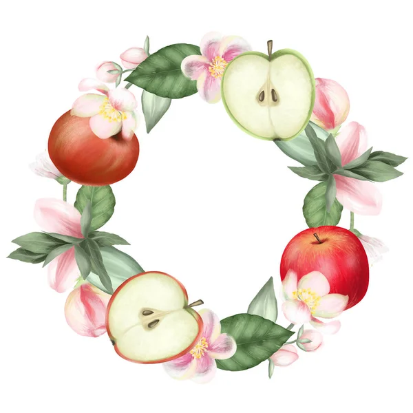 Στεφάνι Από Κόκκινα Μήλα Λουλούδια Και Φύλλα Απομονωμένη Απεικόνιση Λευκό — Φωτογραφία Αρχείου