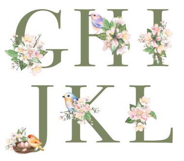Çiçekli G-L harfleri, elma ağacı çiçekleri ve bahar kuşları, beyaz arka planda izole edilmiş resimler, düğün monogramı, tebrik kartları, logo.