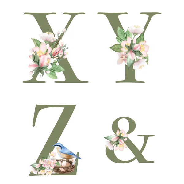 Set Floral Letters Apple Tree Flowers Spring Birds Isolated Illustration — ストック写真