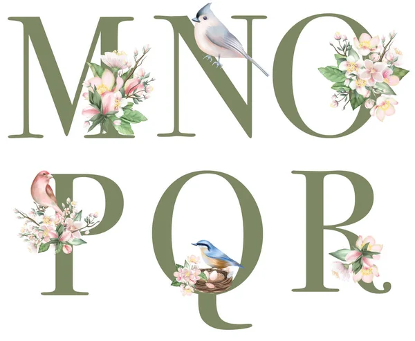 Set Floral Letters Apple Tree Flowers Spring Birds Isolated Illustration — ストック写真