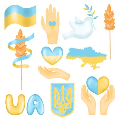Ukrainian patriotic symbols, Ukraine clipart, symbols of the Ukrainian state, hand drawn isolated illustration on white background