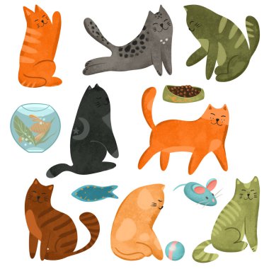 Şirin ve komik renkli kediler seti, beyaz arka planda el çizimi izole edilmiş çizimler.