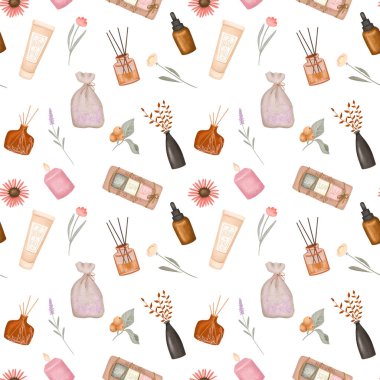 Seamless pattern of cosmetic and body care elements, illustration on white background