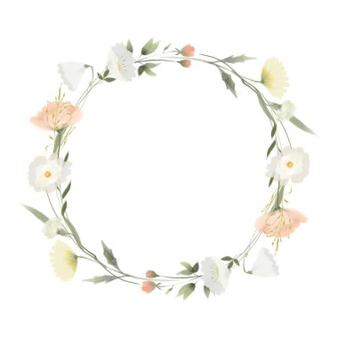 Wreath of watercolor white and pink tender wildflowers, illustrations on a white background