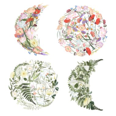 Set of watercolor floral compositions (round and crescent moon), isolated illustrations on a white background